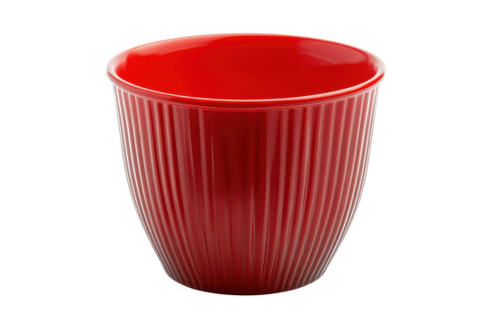 Bright red textured cup isolated on transparent background. Red plastic cup with a ribbed design isolated on white background.