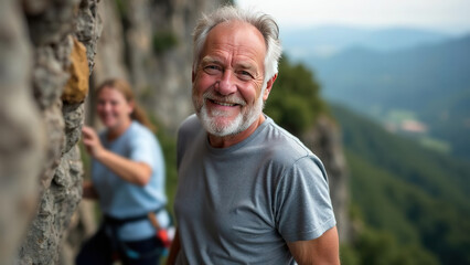attractive elderly caucasian smiling man climber on mountain. extremal old man on stone wall. extrem jorney. active sport life. pensioner traveler rock climber climbs a rock.