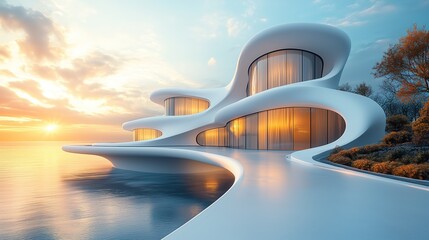 Futuristic white curved building against sky-blue background with sunshine, minimalist symmetrical architectural design in ultra-high definition 3D rendering, elegant high-end style with clean landsca