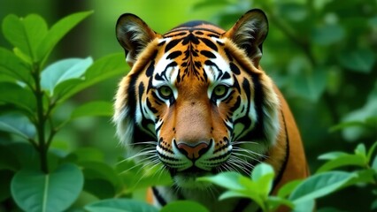 Close-up of Bengal tiger staring through lush green foliage, intense gaze and detailed fur, wild nature and jungle scene background 4K