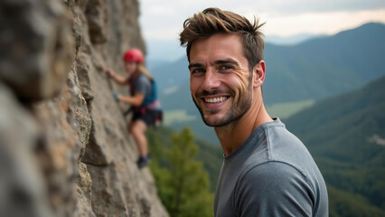 attractive young man climber smiling and make selfie on mountain. extremal guy talking by video call on stone wall. extrem jorney. active sport life. traveler gesturing hand at camera, video blog 4K