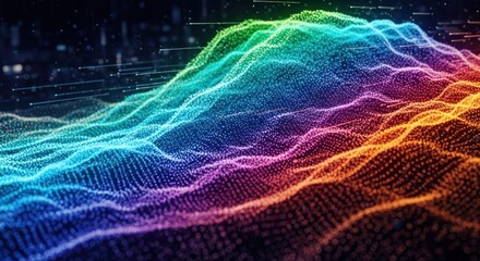 Abstract Digital Landscape with Glowing Rainbow Particles and Wavy Terrain.