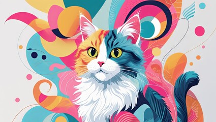 Modern artistic cat illustration combining abstract geometric and organic elements in trendy colors for International Cat Day