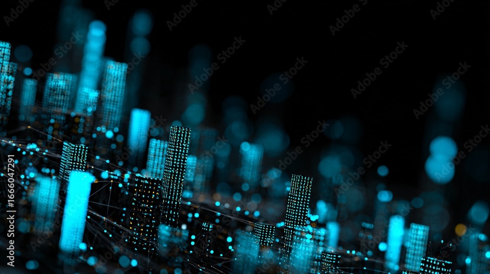 Poster ai and data visualization represented by futuristic luminous digital grids, clean modern composition