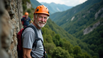 attractive elderly caucasian smiling man climber on mountain. extremal old man on stone wall. extrem jorney. active sport life. pensioner traveler rock climber climbs a rock. 4K.