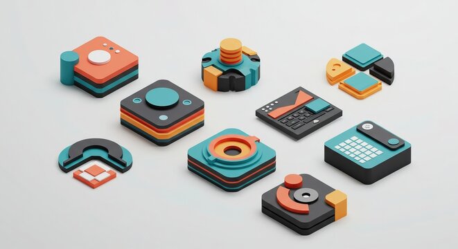 Modern geometric icons representing data analytics and business growth in vibrant colors - Powered by Adobe