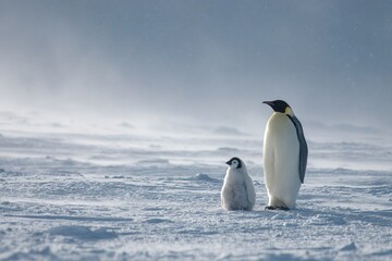 Fototapeta premium An adult emperor penguin stands beside a fluffy chick on a snowy landscape. The scene captures the cold, icy environment of Antarctica.