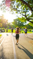 Obraz premium People jogging in a park, bathed in warm sunlight, with blurred motion and soft focus.