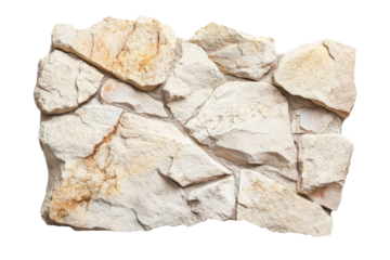Fragment of ancient cracked plaster isolated on transparent background. Rough beige stone tile featuring a natural textured isolated on white background.