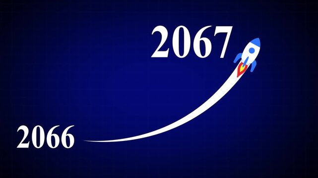 Animated numbers transitioning from 2066 to 2067 with a flying rocket on transparent background. Symbolizes future progress, new year startup goals, 