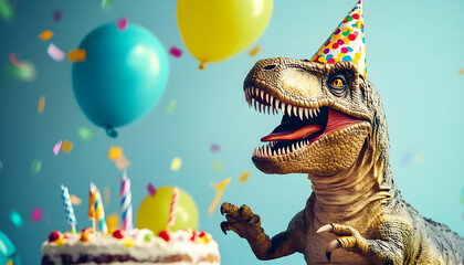 Tyrannosaurus Rex wears party hat, celebrates birthday with cake, balloons, confetti. Fun, festive dino theme for kids party, cheerful celebration. Bright colors, happy occasion