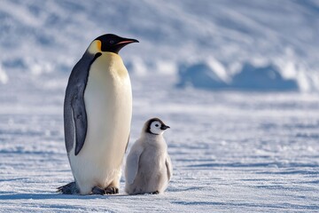 An adult emperor penguin stands beside a fluffy chick on a snowy landscape. The scene captures the bond between parent and offspring in a cold environment.