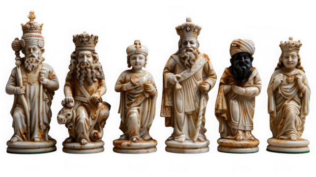 Antique ivory chess set pieces isolated on transparent background, featuring king, queen, bishop, knight, pawn, and rook, showcasing intricate details