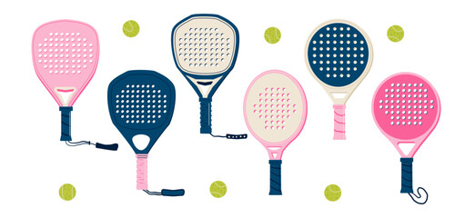 Padel tennis rackets and balls set. Sport emblems or club elements. Recreation and active hobby accessories collection. Vector illustration isolated on white background.