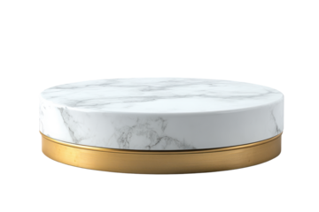Round marble coaster with gold trim isolated on transparent background. Round marble pedestal featuring a sleek gold border isolated on white background.