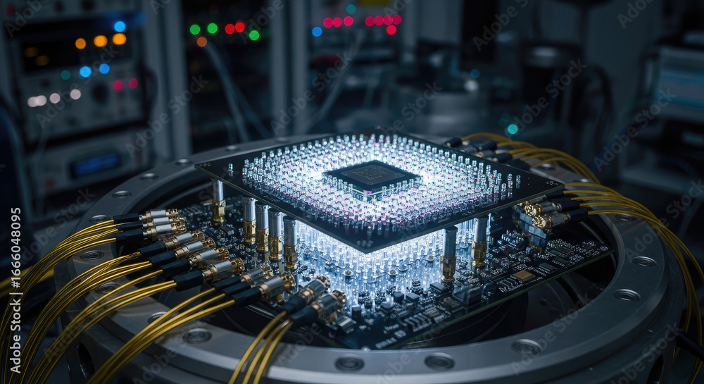 Poster close up shot of a quantum computer processor with wires and glowing lights in a lab setting