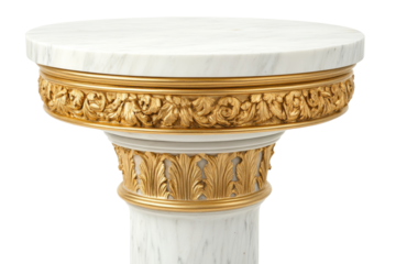 Antique marble column capital and shaft isolated on transparent background. Round marble pedestal with gold trim isolated on white background.