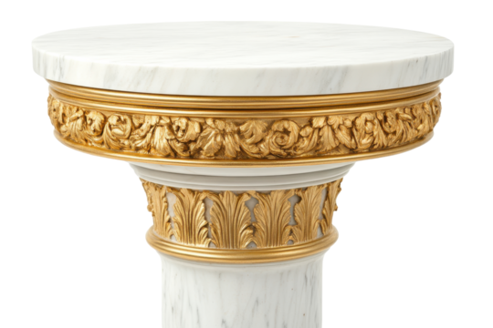 Antique marble column capital and shaft isolated on transparent background. Round marble pedestal with gold trim isolated on white background. - Powered by Adobe