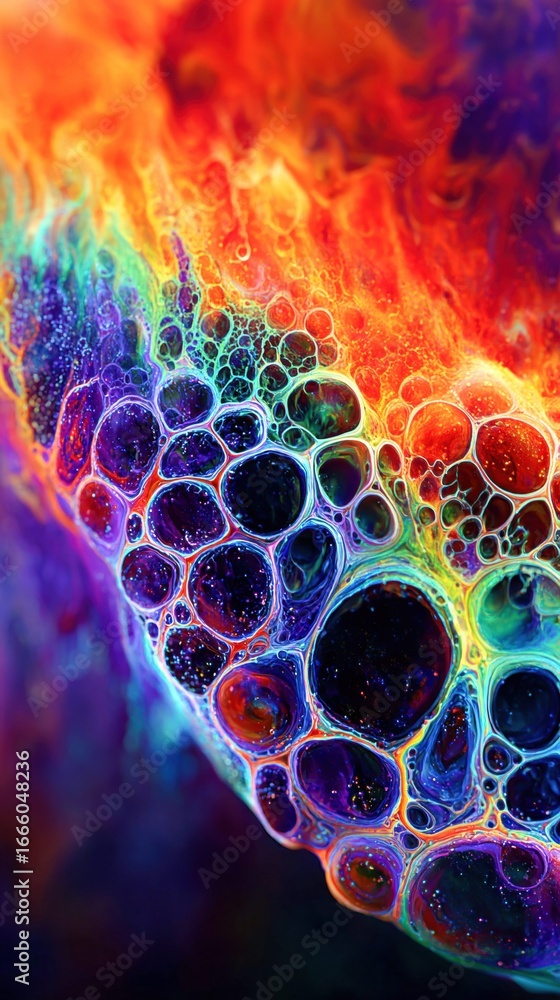 Poster a mesmerizing display of rainbow-colored bubbles, creating a vivid abstract composition.