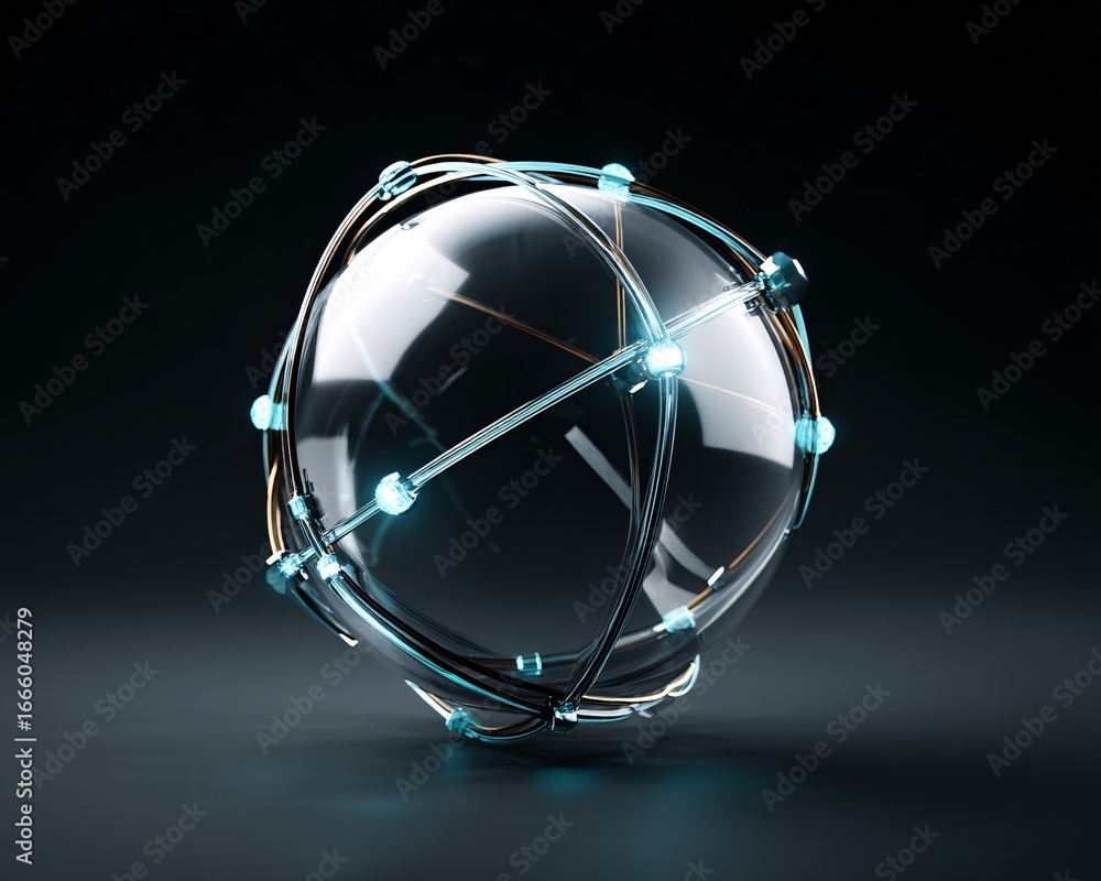 Aufkleber 3d futuristic abstract sphere filled with glowing nodes and data pathways, clean backdrop, copyspace