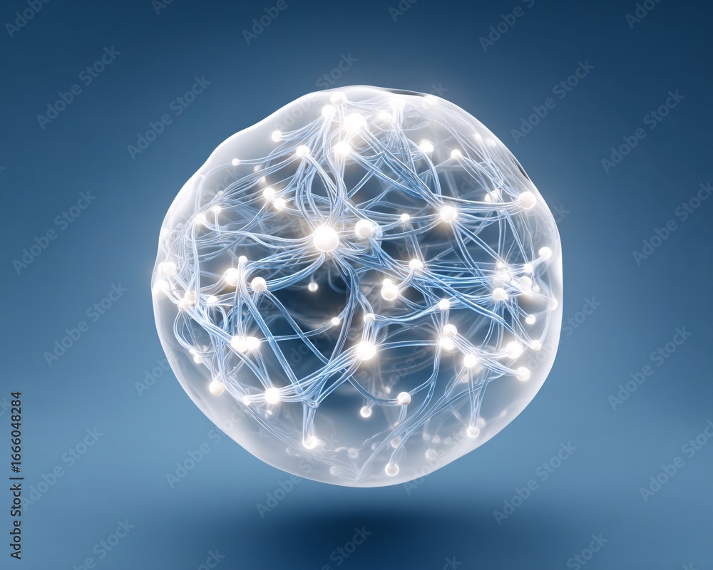 Poster 3d futuristic abstract sphere filled with glowing nodes and data pathways, clean backdrop, copyspace