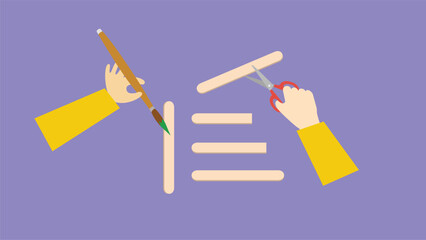Hands holding paintbrush and scissors making a list. Vector illustration