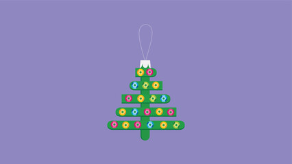 Christmas tree with baubles on a purple background. Vector illustration.