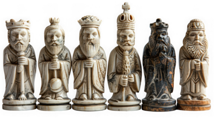 Antique ivory chess set pieces isolated on transparent background, featuring king, queen, bishop, knight, and rook, showcasing intricate details