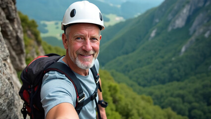 attractive elderly caucasian smiling man climber on mountain. extremal old man on stone wall. extrem jorney. active sport life. pensioner traveler rock climber climbs a rock. 4K.
