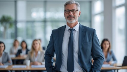 Successful mature businessman looking at camera with confidence in front of office meeting room