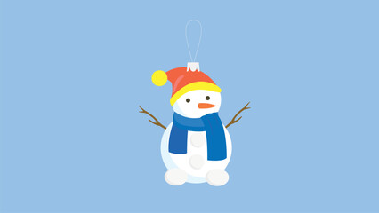 Snowman with hat and scarf on blue background. Vector illustration.