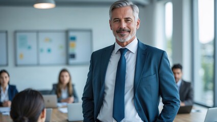 Successful mature businessman looking at camera with confidence in front of office meeting room