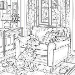 The cat is sleeping on the armchair, and the Labrador dog is looking at him.Coloring book antistress for children and adults.