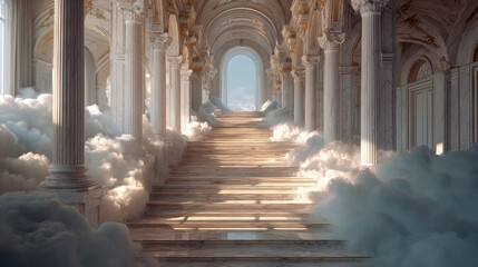 Marble staircase rising through clouds