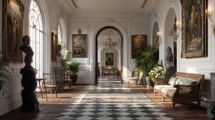 Palace hallway with classical paintings and sculptures