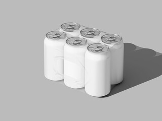 White Blank Six Soda Cans with Shrink Wrap Mockup 3D Rendering