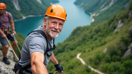 attractive elderly caucasian smiling man climber on mountain. extremal old man on stone wall. extrem jorney. active sport life. pensioner traveler rock climber climbs a rock. 4K.