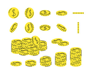 Set of Gold coin dollar symbols  rotating in different angles and piled up. Vector money, coin. Finance elements
