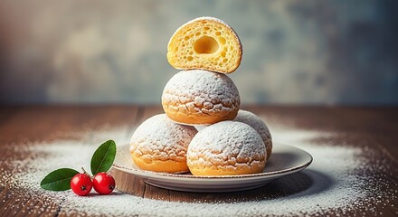 Sweet pastries stacked high, dusted with powdered sugar.