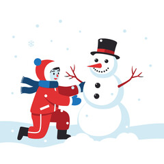 Obraz premium A child in a red snowsuit and blue scarf kneels to build a snowman with a black top hat and carrot nose in a snowy landscape.