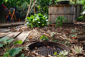 Drain inlet in landscaped yard with mulch and stones for stormwater control