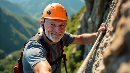 attractive elderly caucasian smiling man climber on mountain. extremal old man on stone wall. extrem jorney. active sport life. pensioner traveler rock climber climbs a rock. 4K.