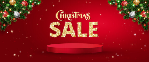 Christmas sale banner. Christmas tree corner frame with ornaments, Christmas lights. Gold and red glitter decoration. Christmas Sale shiny typography. For winter season promotions. Vector.