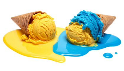 Colored yellow and blue ice cream melts from the hot sun. Hot weather concept. 