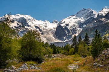 Scenic alpine view of Morteratsch glacier and Bernina peaks under blue sky