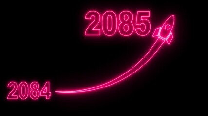 Animated numbers transitioning from 2084 to 2085 with a flying rocket on transparent background. Symbolizes future progress, new year startup goals, business plans. motion graphic 4k video