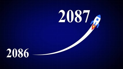 Animated numbers transitioning from 2086 to 2087 with a flying rocket on transparent background. Symbolizes future progress, new year startup goals, business plans. motion graphic 4k video