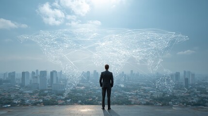 Businessman Standing Before World Map with Global Network Connections, Digital Marketing and Business Development Concept, City Skyline View