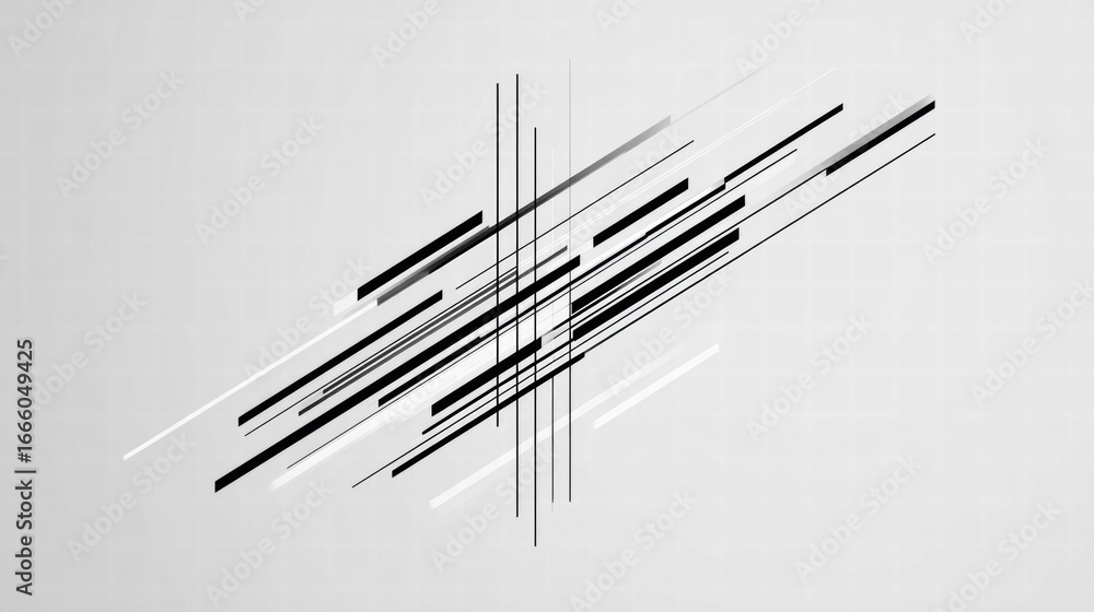 Poster a modern abstract design composed of intersecting black and white lines on a gray gradient backgroun