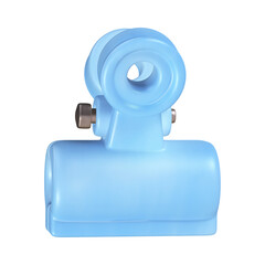 A 3D rendering of a blue bulldog clip with a silver hinge pin.